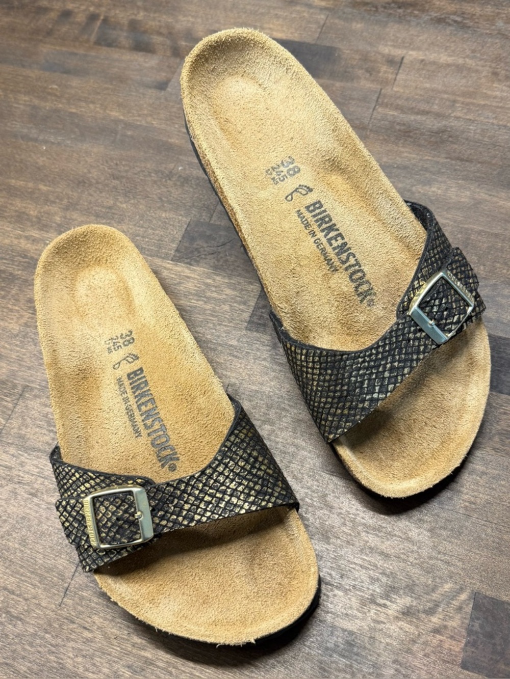 Birkenstock Madrid Metallic Sandals EU 38 Black Gold Snake Texture - Picture 2 of 8